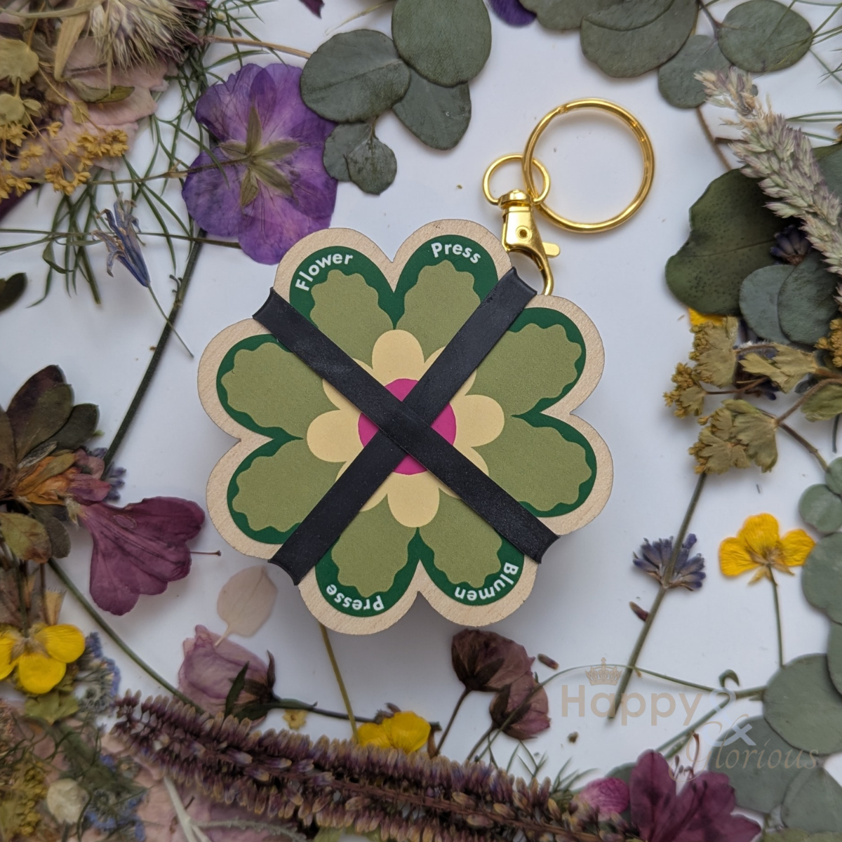 Flower press keyring - greens & yellows