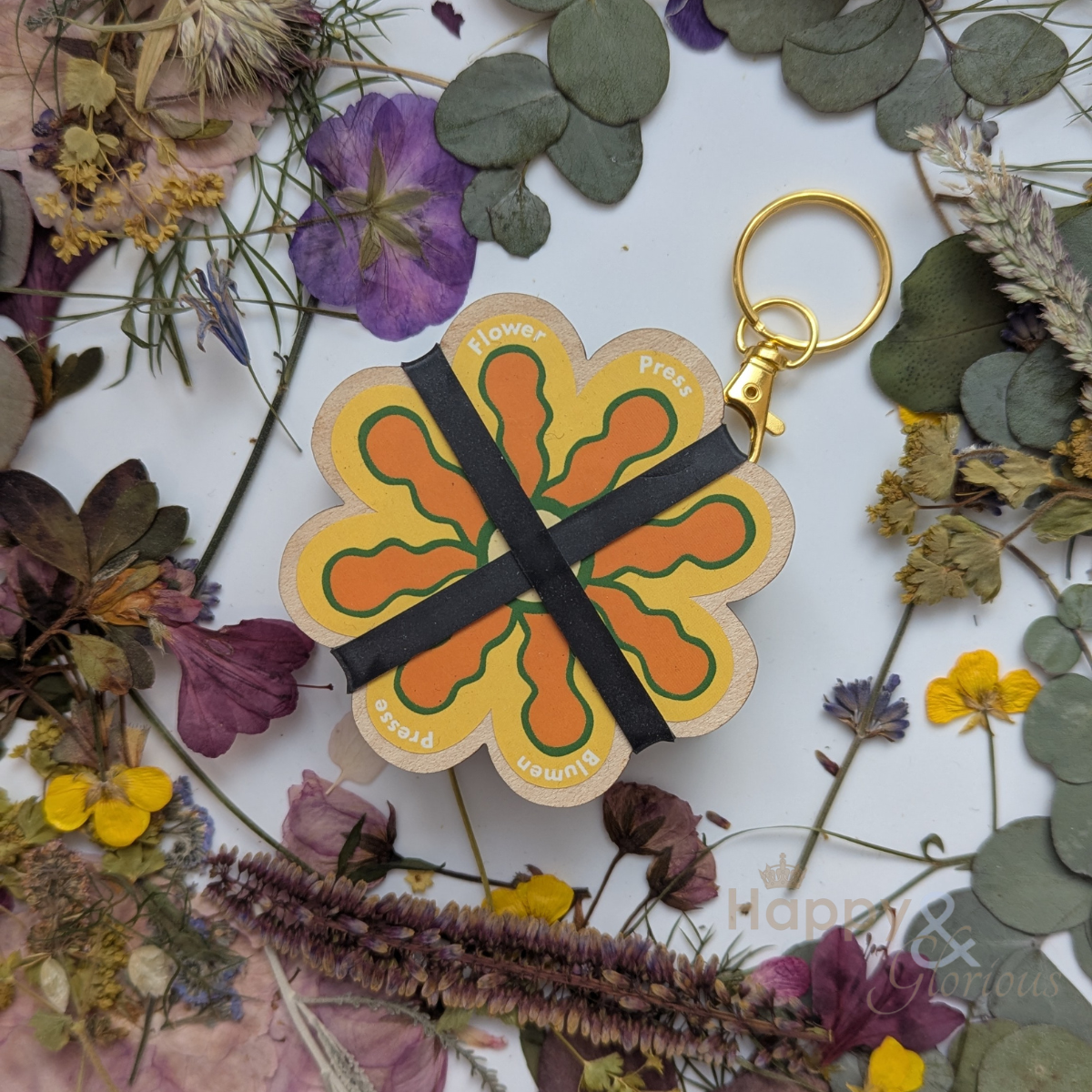 Flower press keyring - greens & yellows