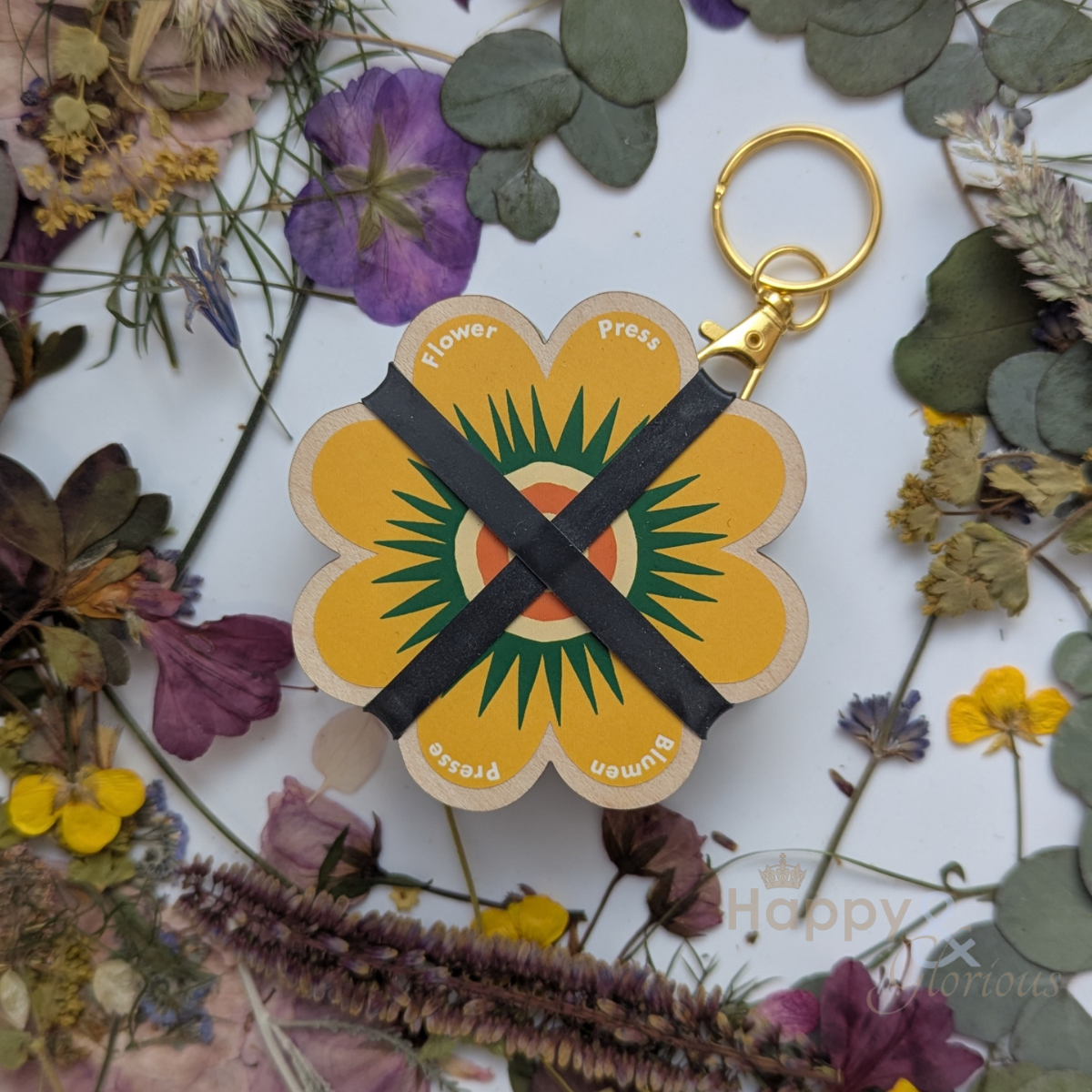 Flower press keyring - greens & yellows