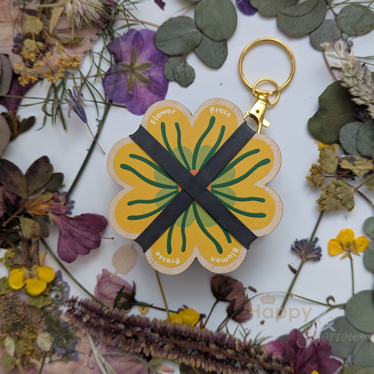 Flower press keyring - greens & yellows