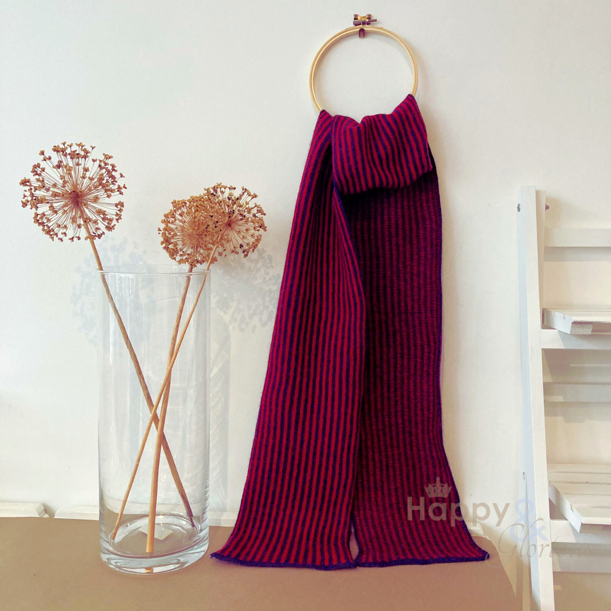 Red & navy stripe felted merino wool scarf