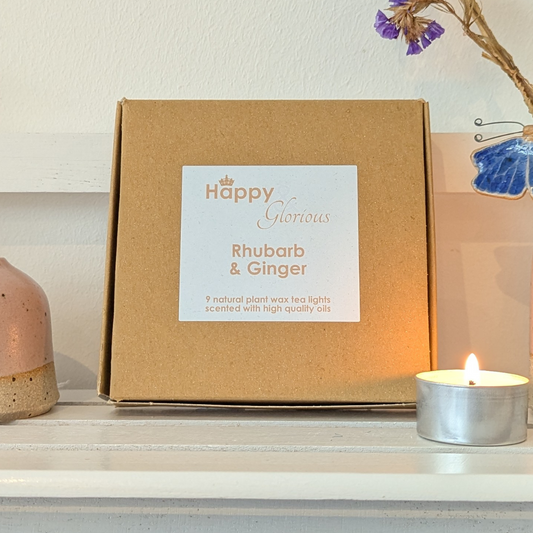 Rhubarb & ginger soy wax fragranced tealight candles - box of nine