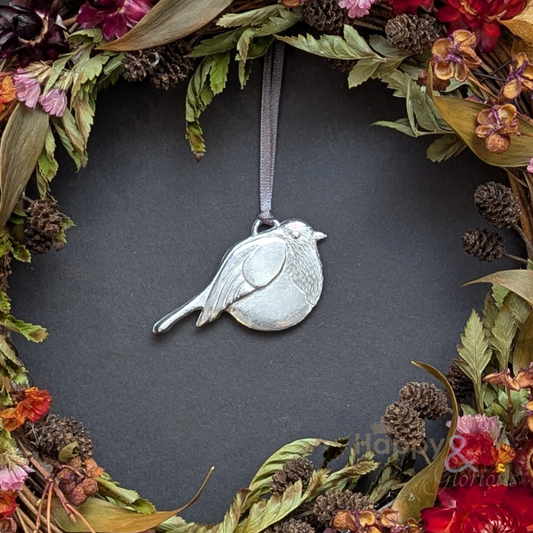 Pewter robin Christmas tree decoration - handmade by Lancaster & Gibbings