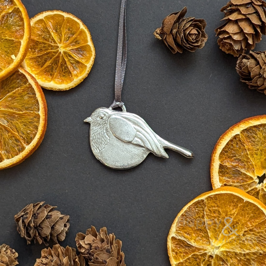 Pewter robin Christmas tree decoration - handmade by Lancaster & Gibbings