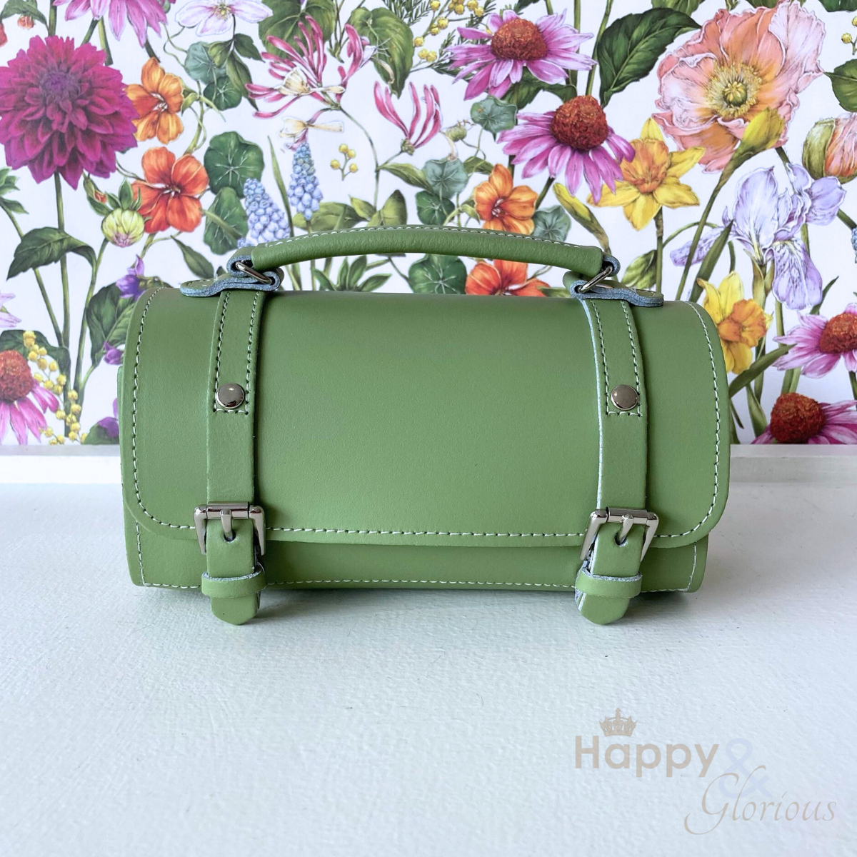 Handmade sage green leather bowler bag