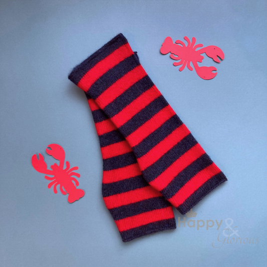 Red & navy stripe felted merino wool wristwarmer gloves