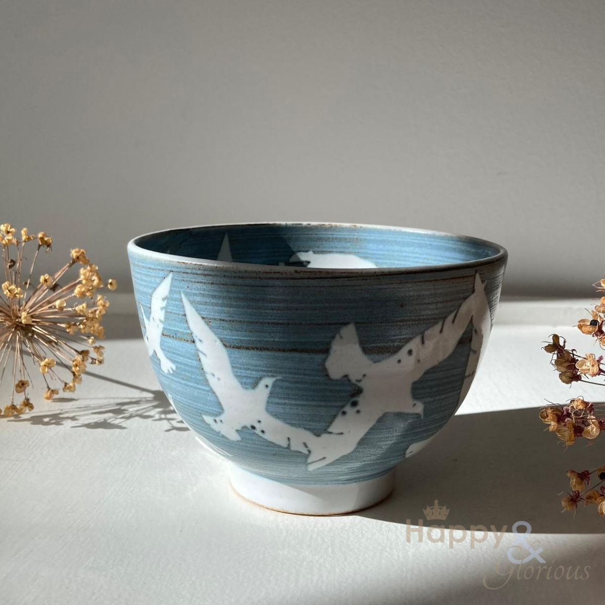 Tall handmade seagull stoneware bowl