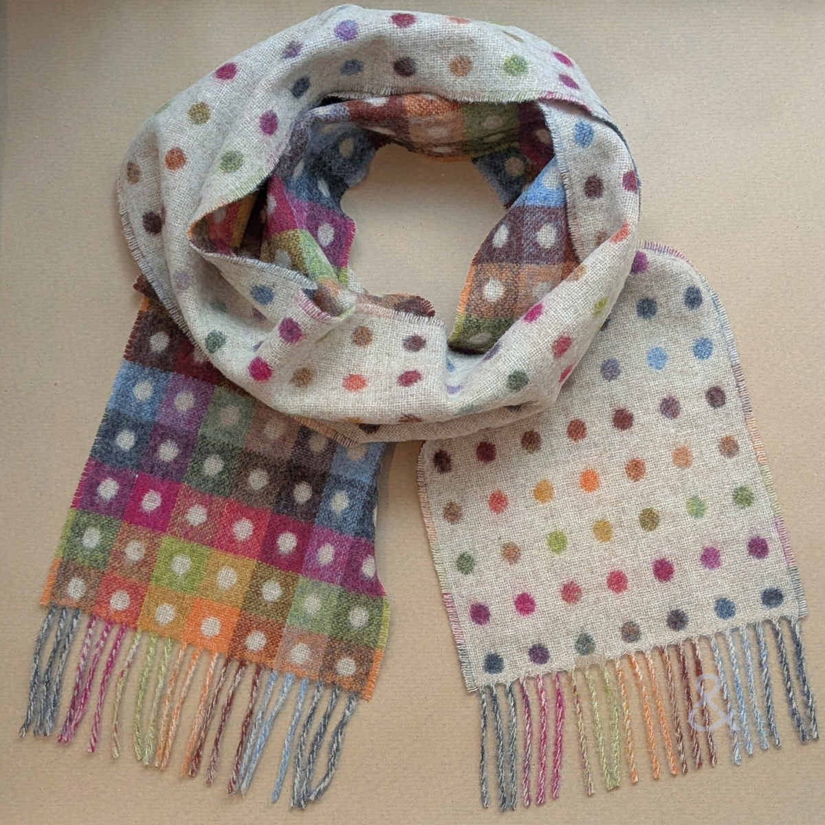 Multi-coloured & fawn spotty merino scarf