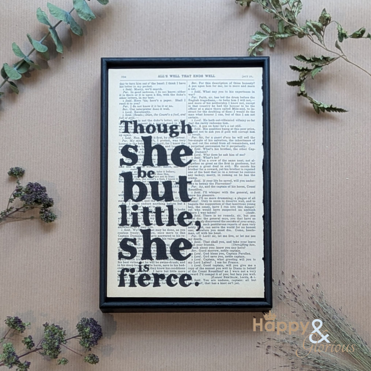 'Though she be but little, she is fierce' Shakespeare framed book quote