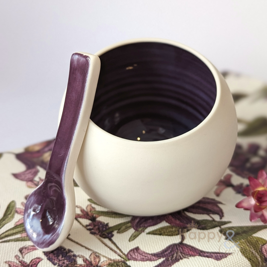 Purple porcelain salt pig & spoon