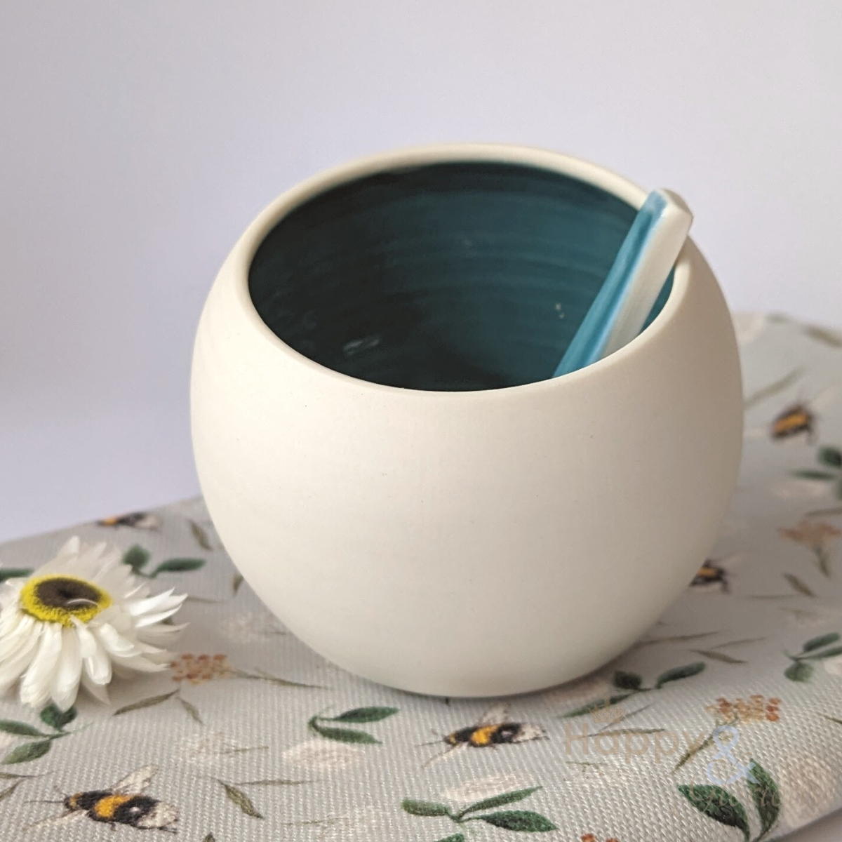 Aqua blue porcelain salt pig & spoon