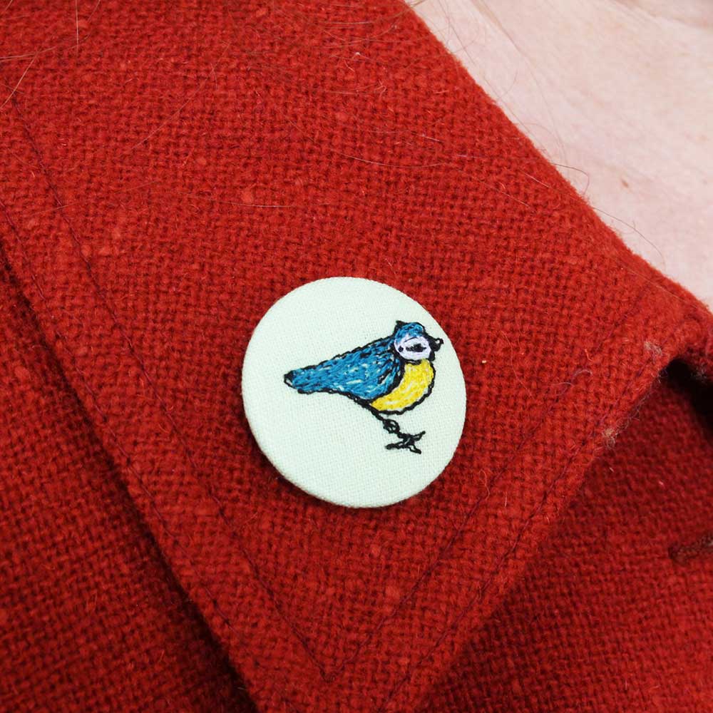 Embroidered bluetit brooch