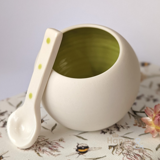 Lime green porcelain salt pig & spoon