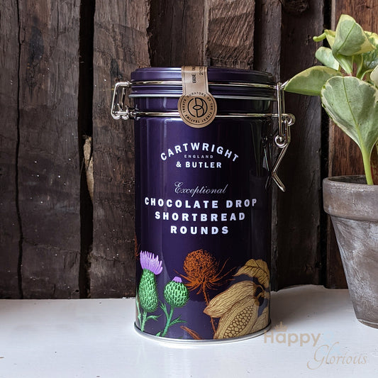 Chocolate drop shortbread biscuits in vintage style tin