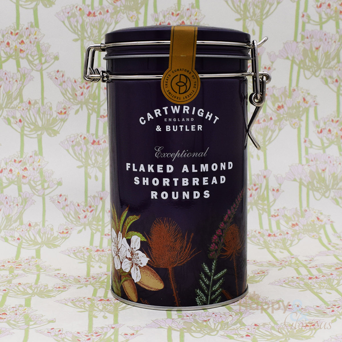 Flaked almond shortbread biscuits in vintage style tin