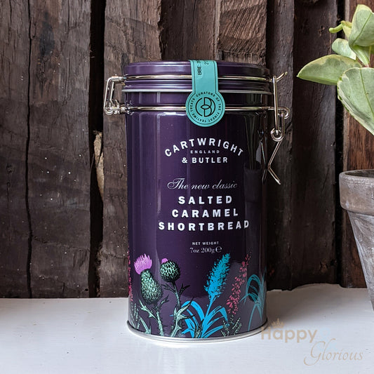 Salted caramel shortbread biscuits in vintage style tin