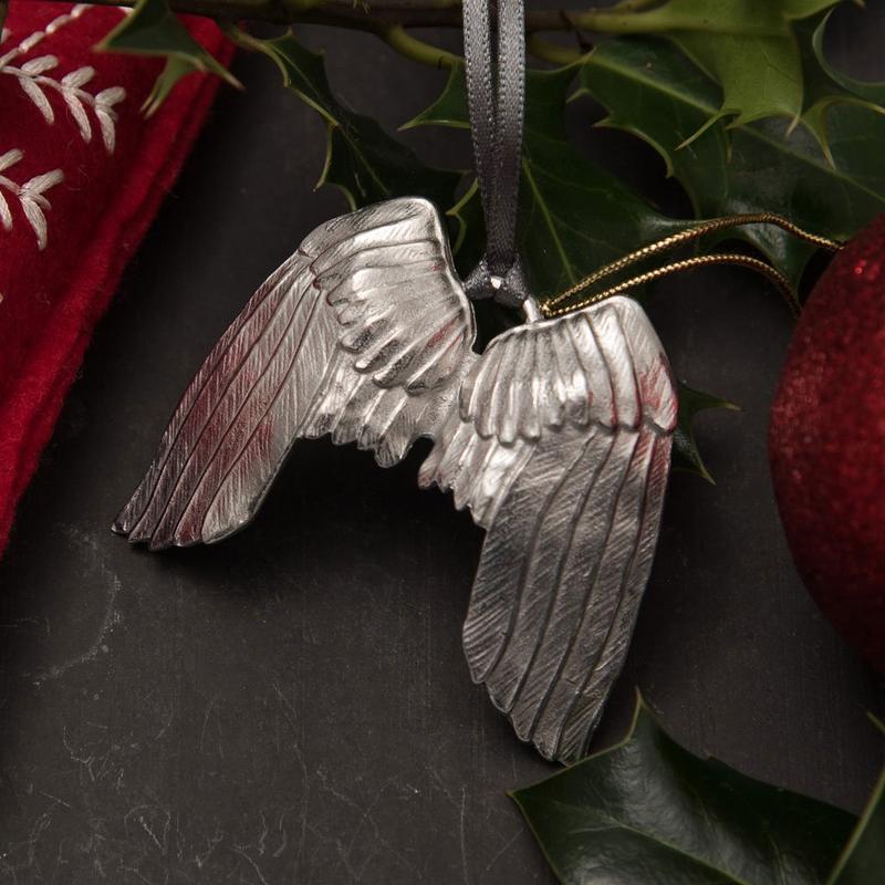 Pewter angel wings Christmas tree decoration - handmade by Lancaster & Gibbings