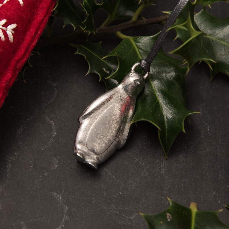 Pewter penguin Christmas tree decoration - handmade by Lancaster & Gibbings