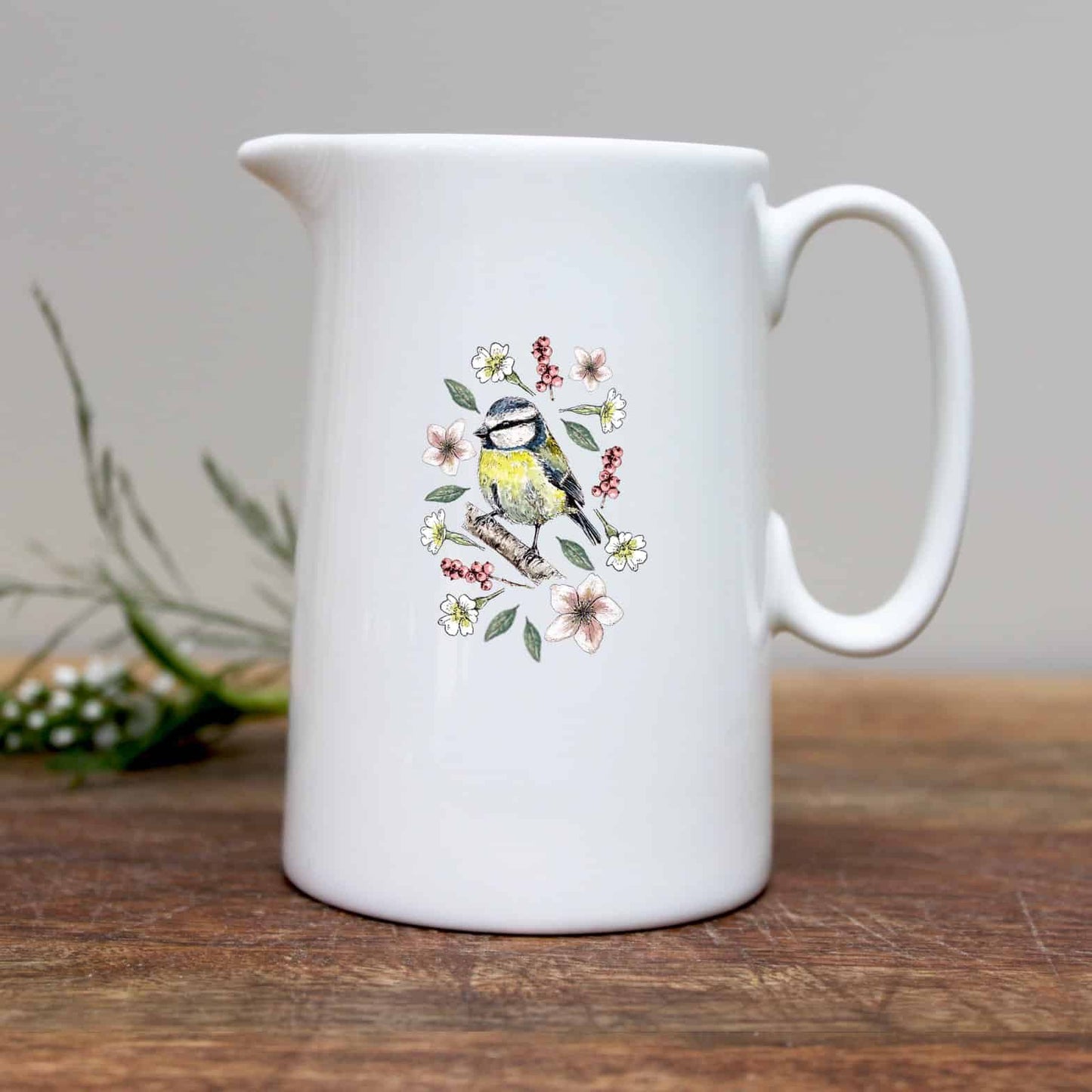 Bluetit and wild flowers half pint china jug