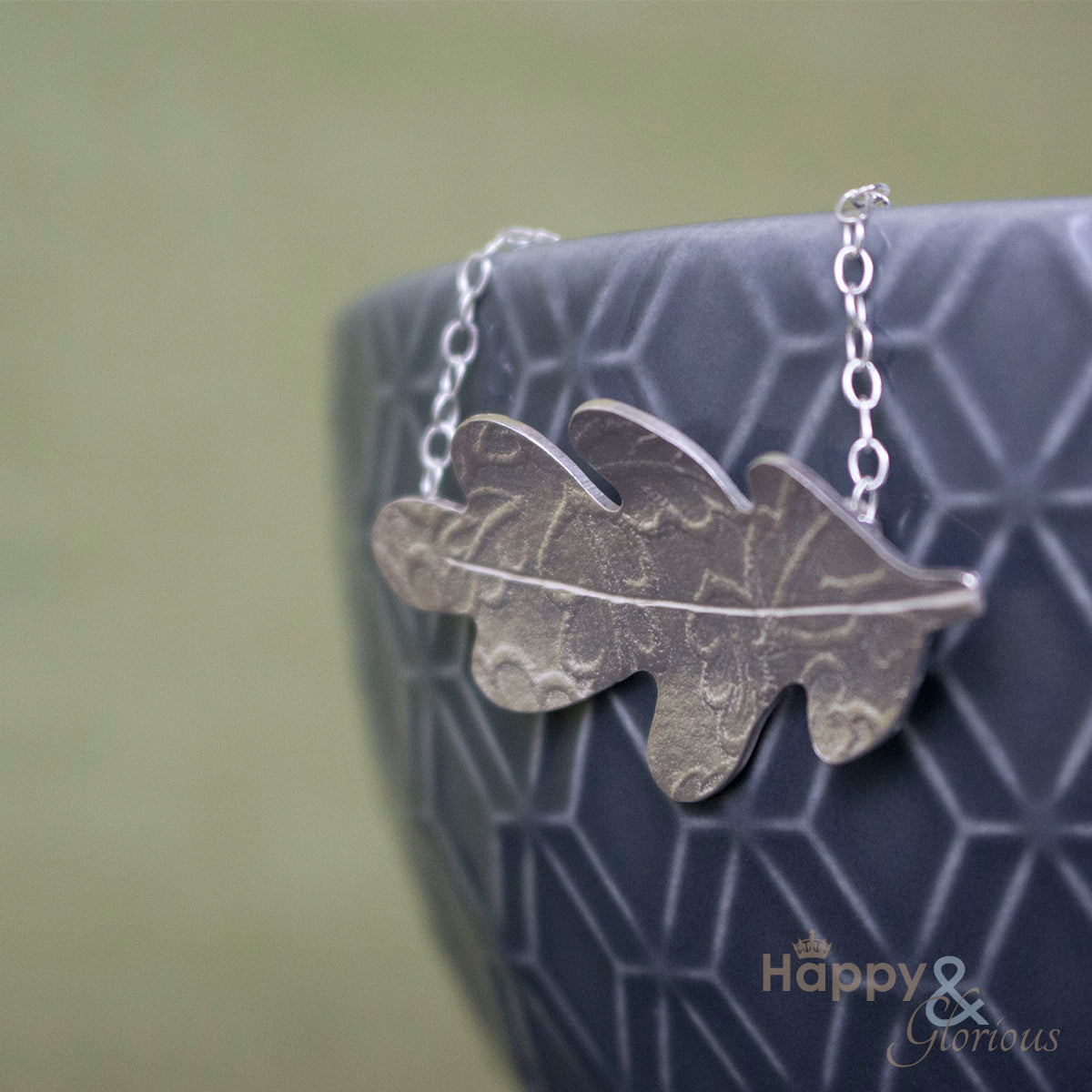 Sterling silver embossed oak leaf necklace