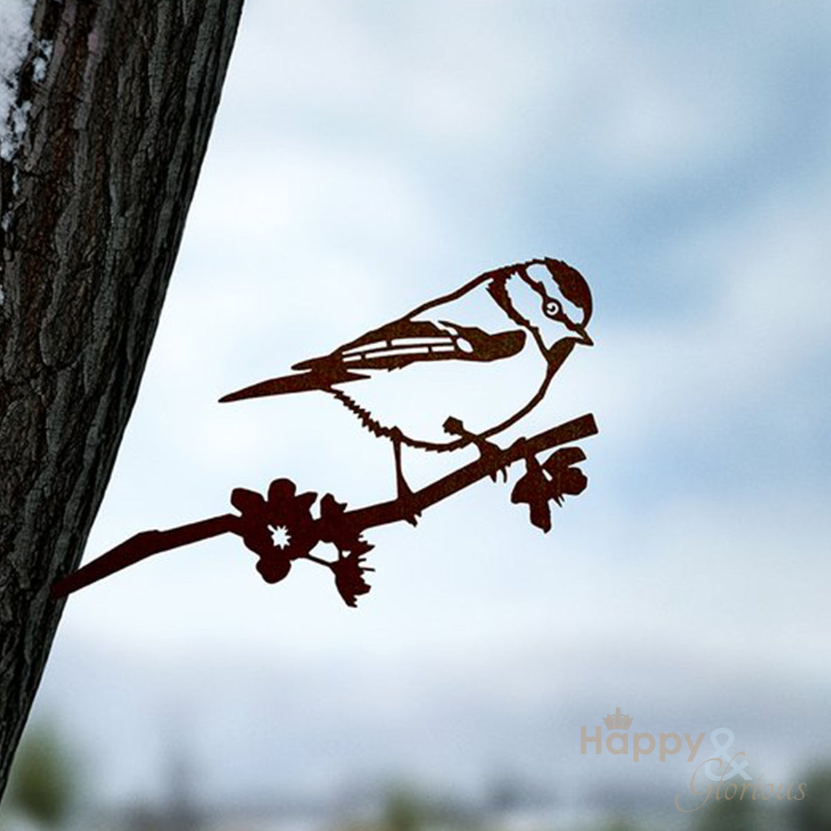 Steel bluetit silhouette garden art