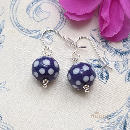 Purple & white spotty glass sterling silver earrings