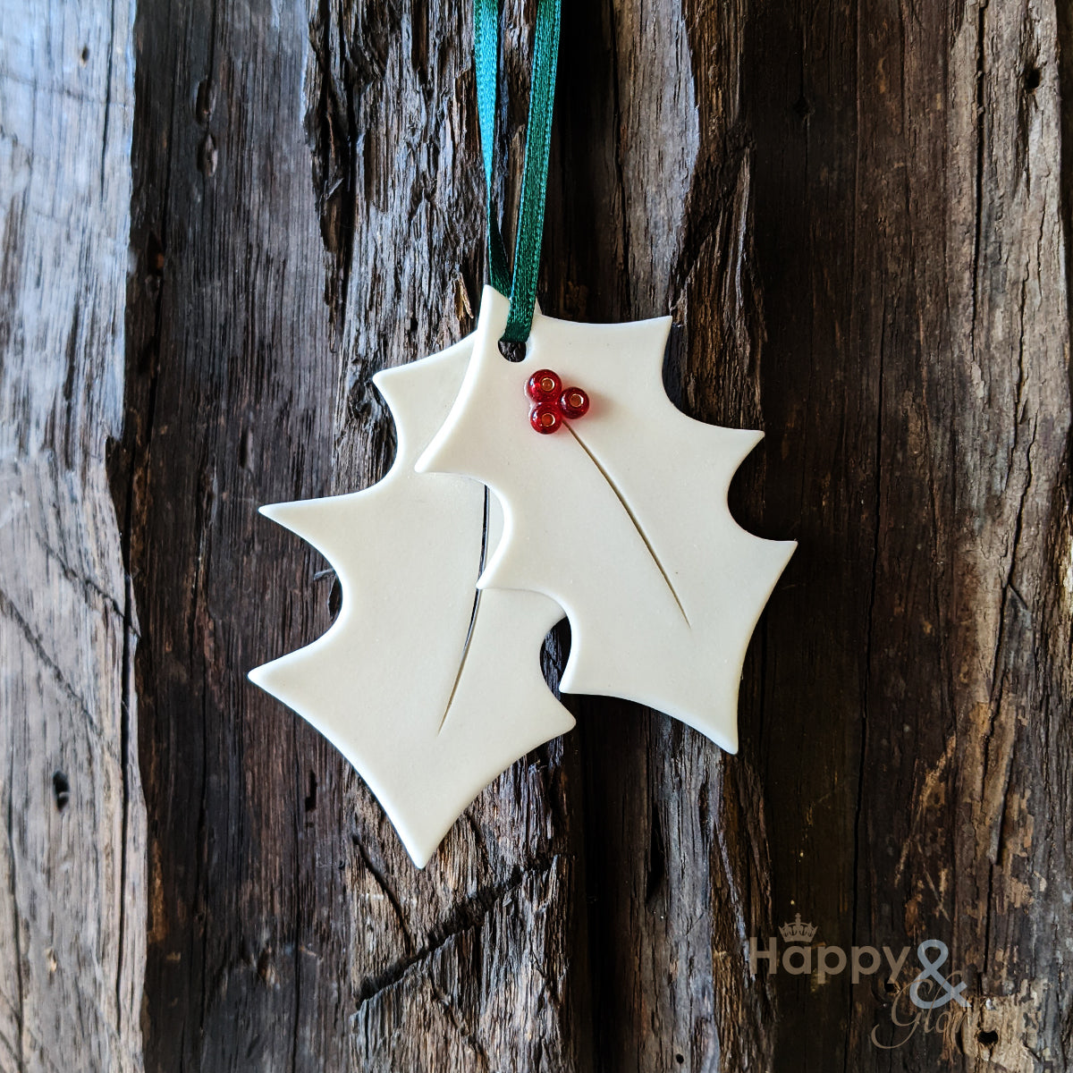 Holly leaf Christmas porcelain decoration