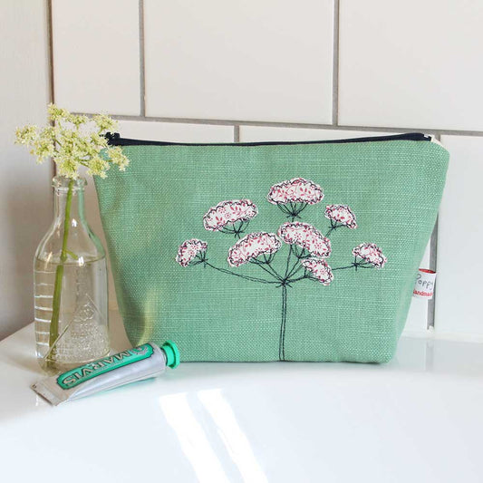 Embroidered cow parsley makeup bag