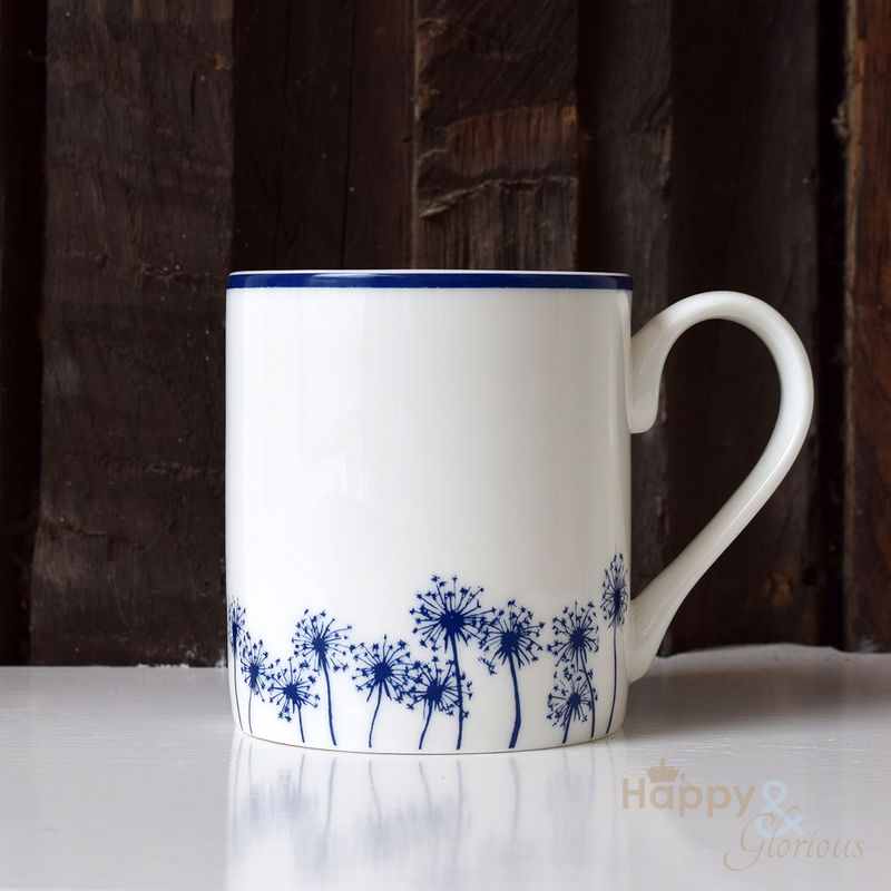 Navy blue white dandelion silhouette fine china mug by Kate