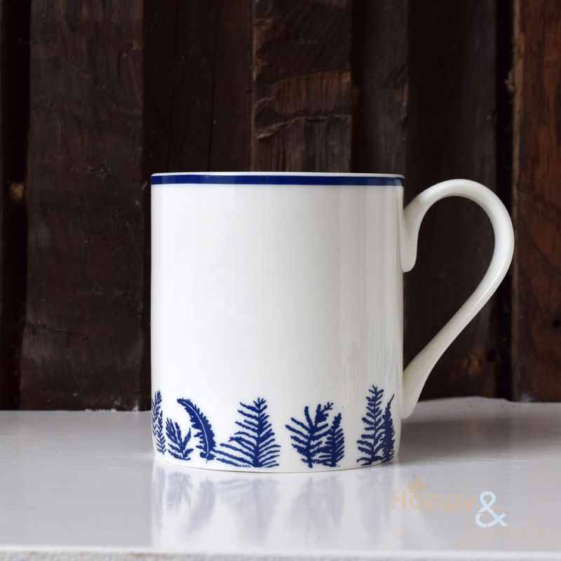 Navy blue & white fern silhouette fine china mug by Kate Tompsett