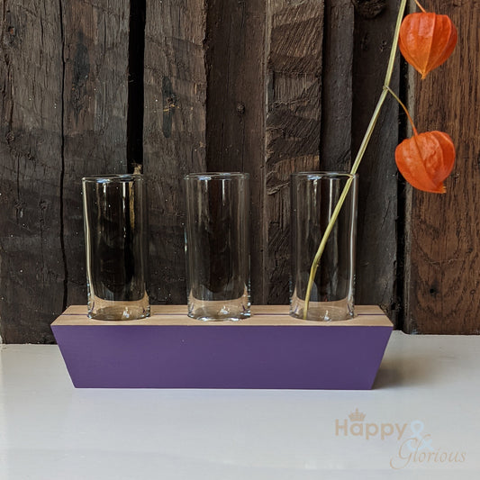 Purple 'in-a-row' wood and glass triple stem vase