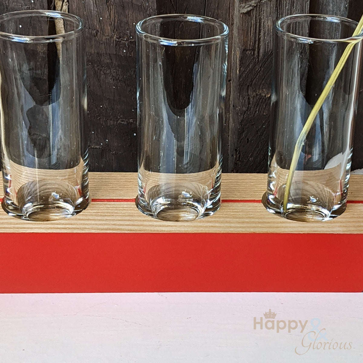 Flame red 'in-a-row' wood and glass triple stem vase