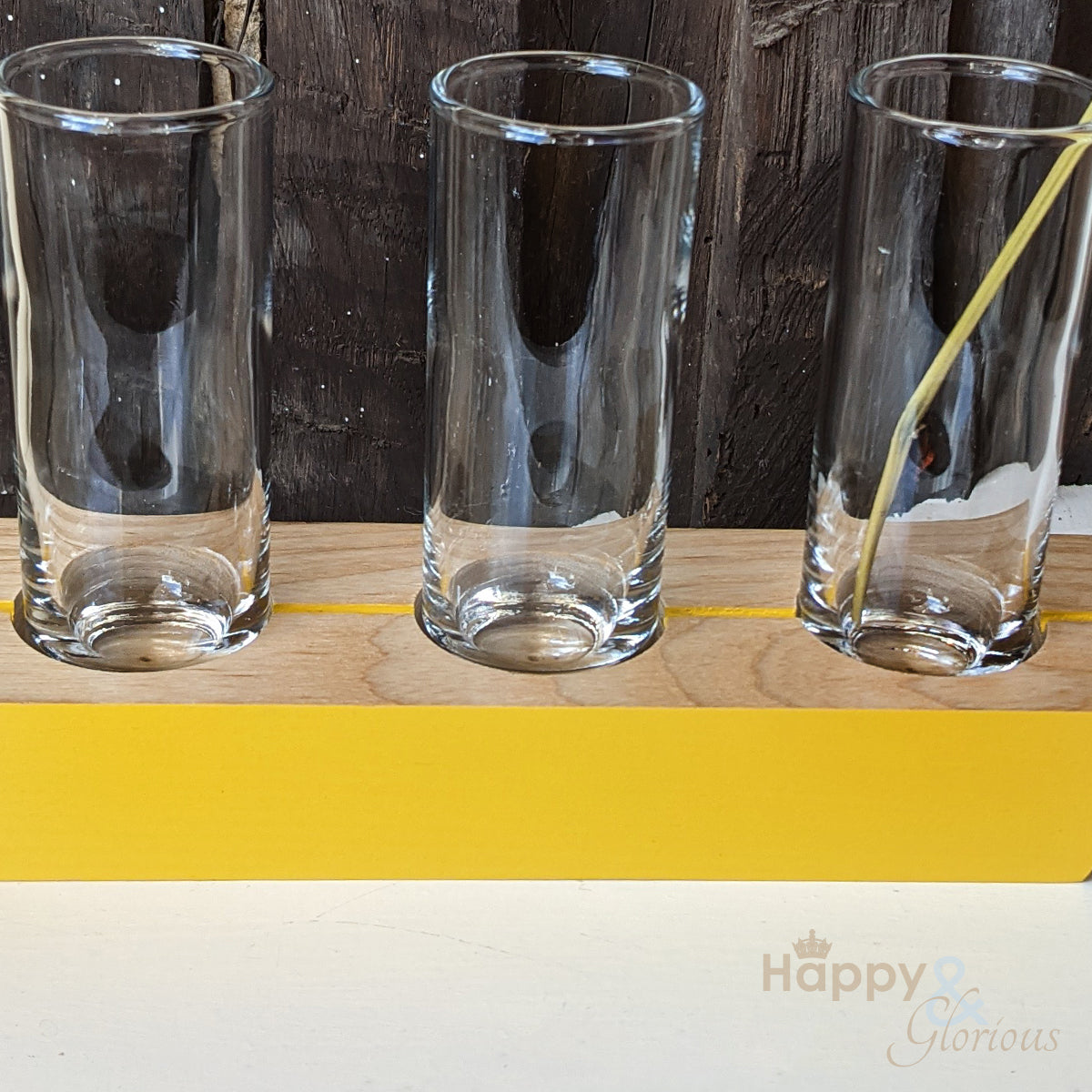 Sunshine yellow 'in-a-row' wood and glass triple stem vase