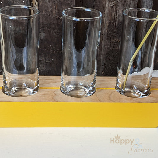 Sunshine yellow 'in-a-row' wood and glass triple stem vase