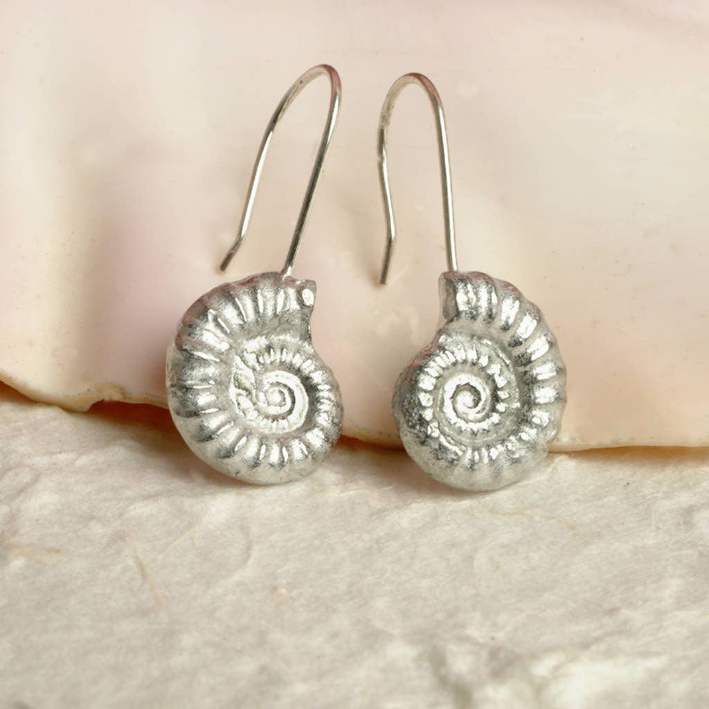 Pewter & sterling silver ammonite drop earrings