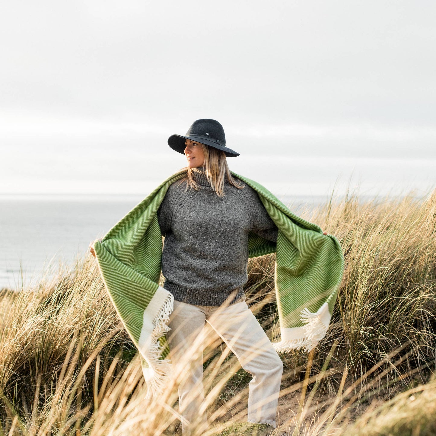 Kelp green herringbone wool blanket