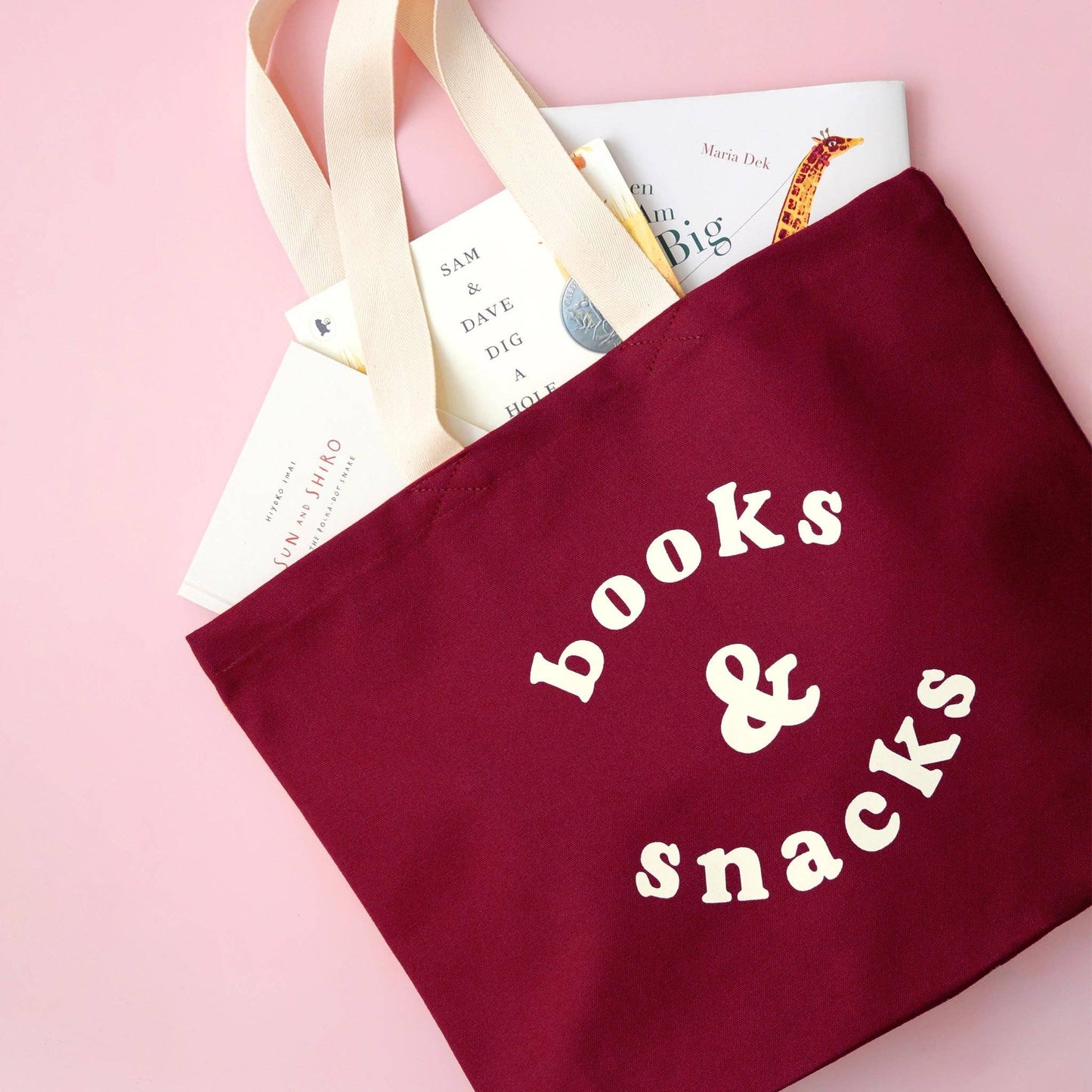 Burgundy books & snacks canvas tote bag