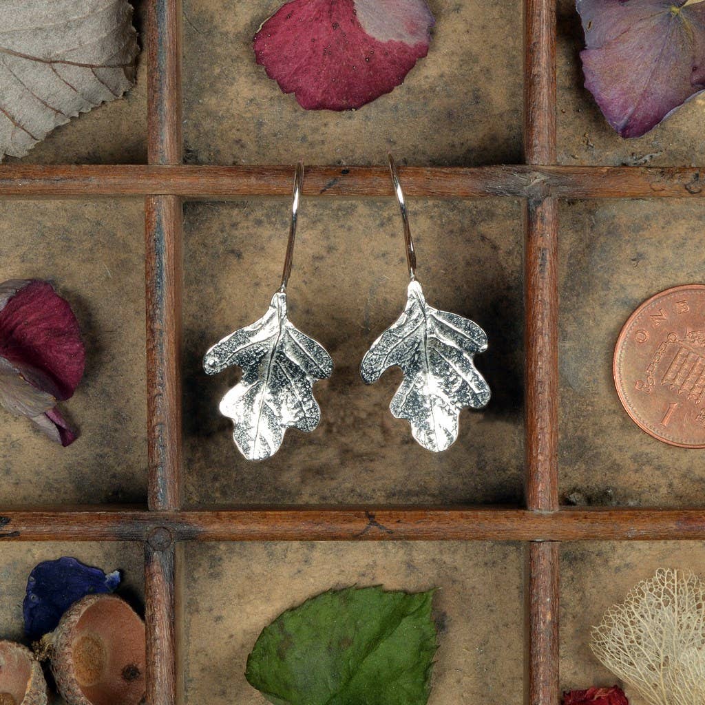 Pewter & sterling silver oak leaf drop earrings