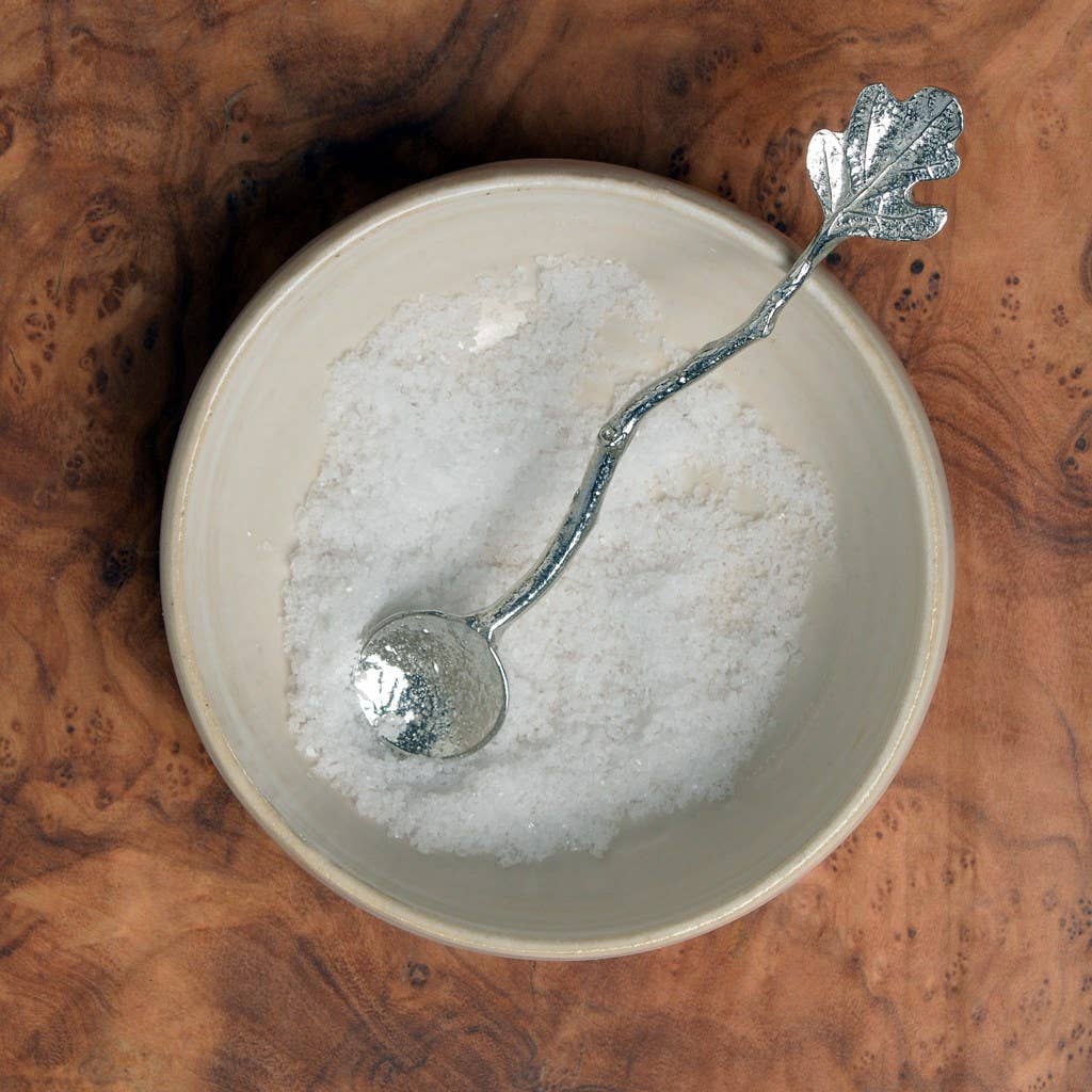 Tiny pewter oak leaf salt spoon