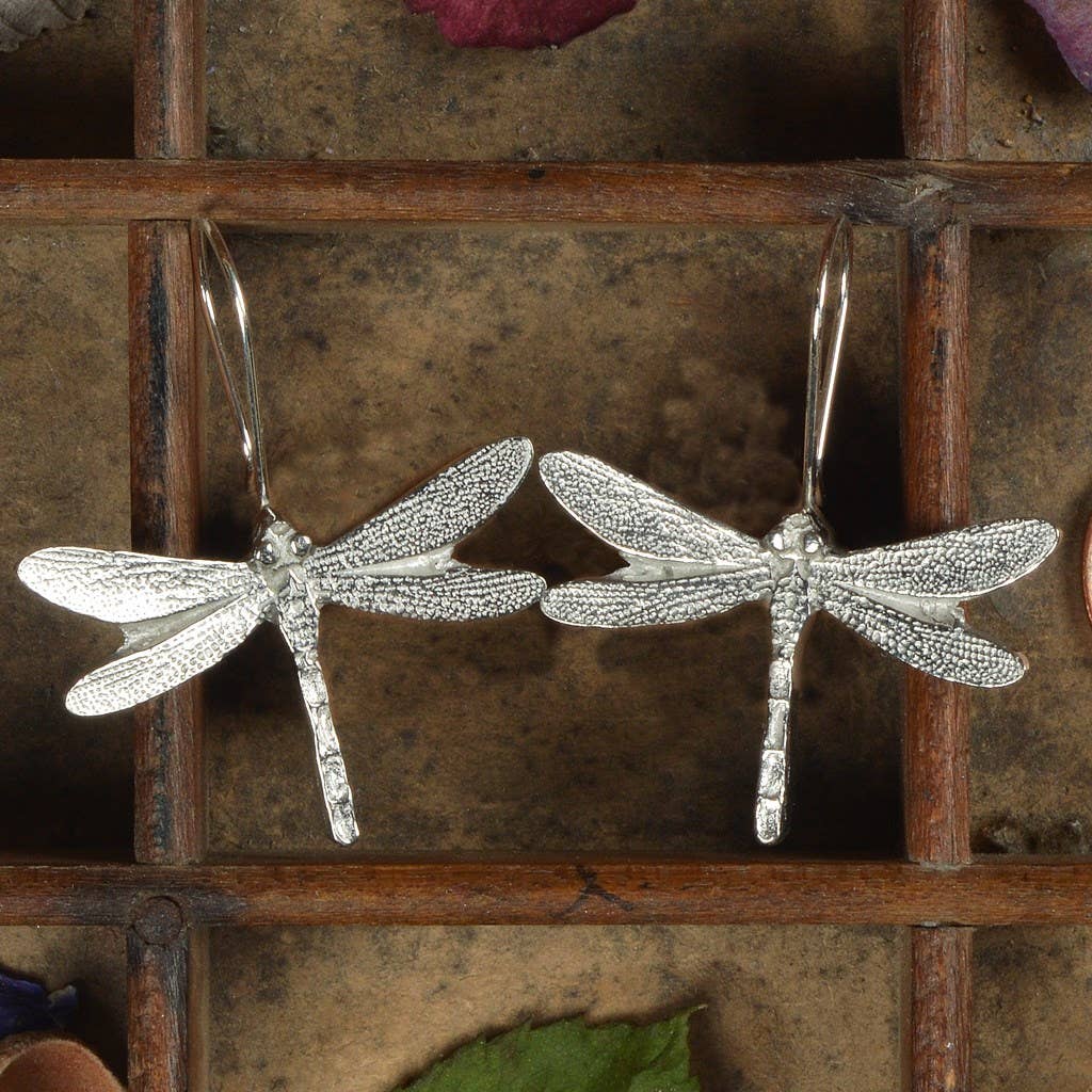 Pewter & sterling silver dragonfly drop earrings