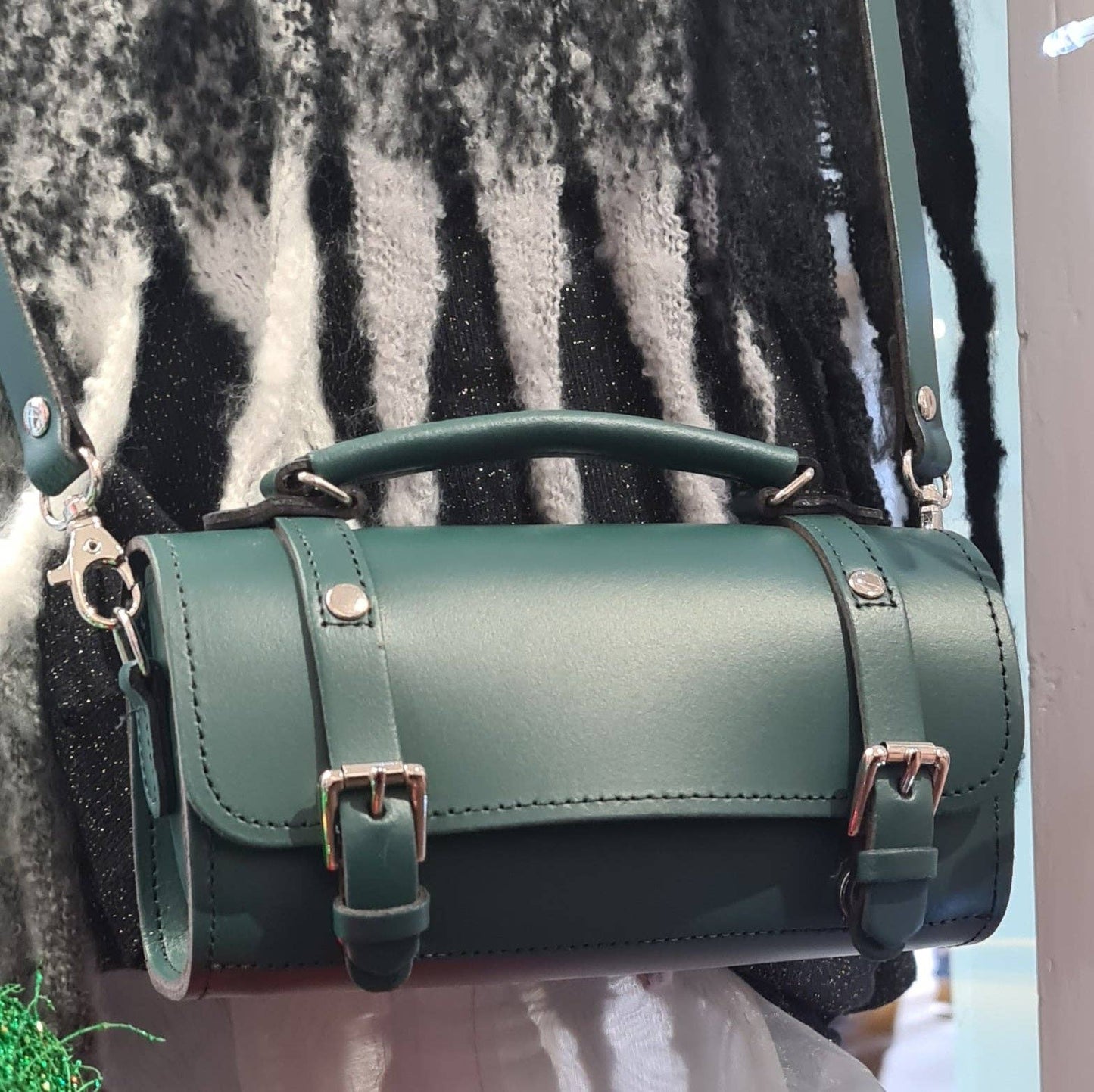 Handmade pine green leather bowler bag