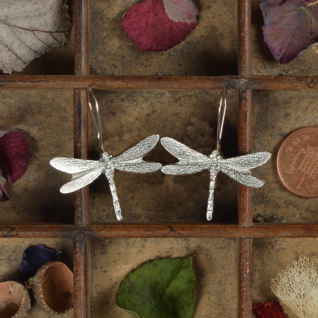 Pewter & sterling silver dragonfly drop earrings