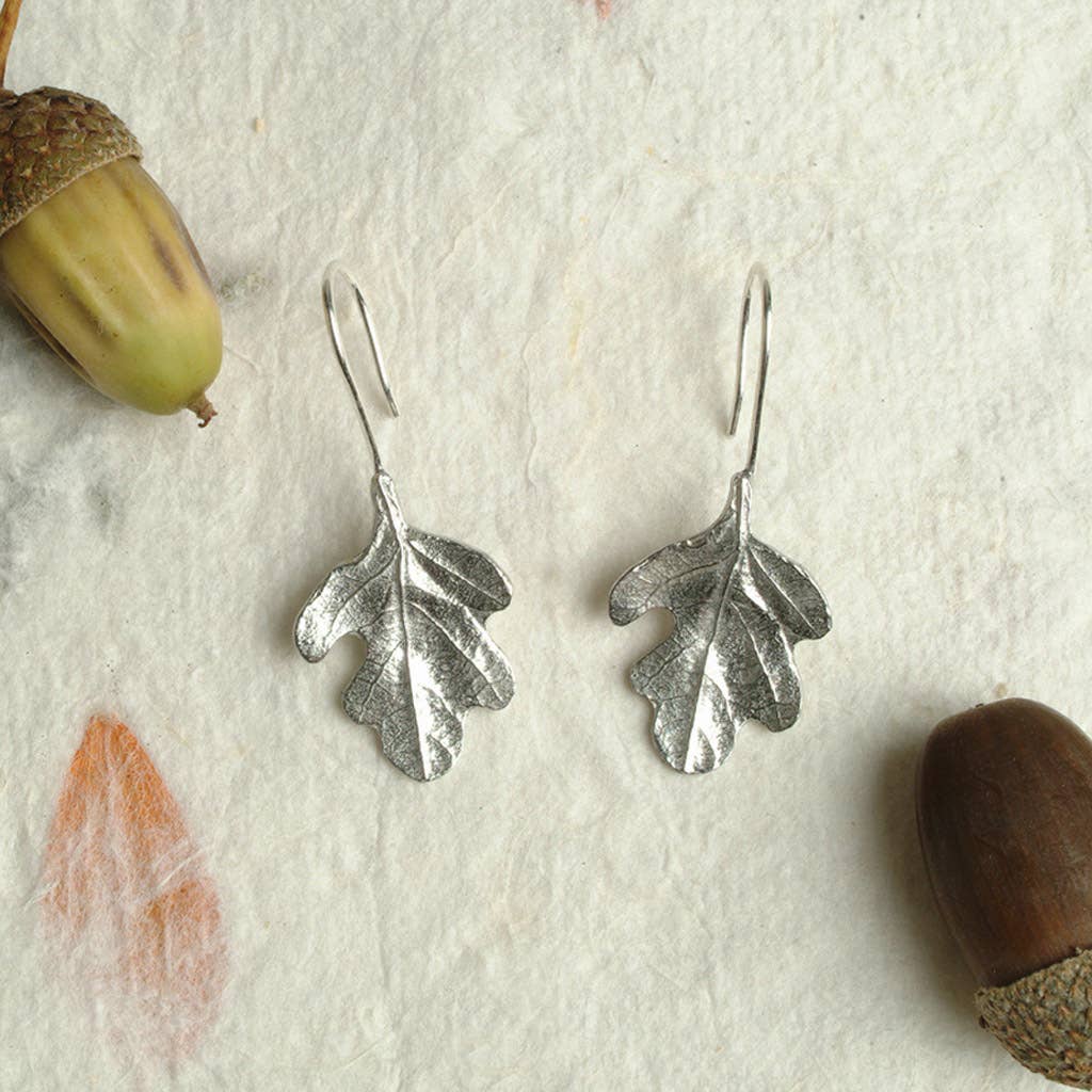 Pewter & sterling silver oak leaf drop earrings