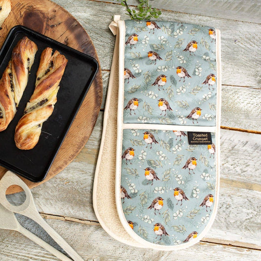 Blue robin & eucalyptus cotton double oven gloves