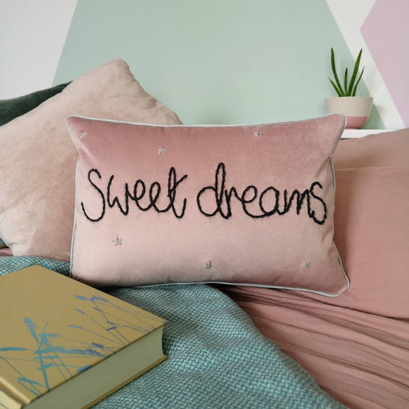 Sweet Dreams embroidered velvet cushion