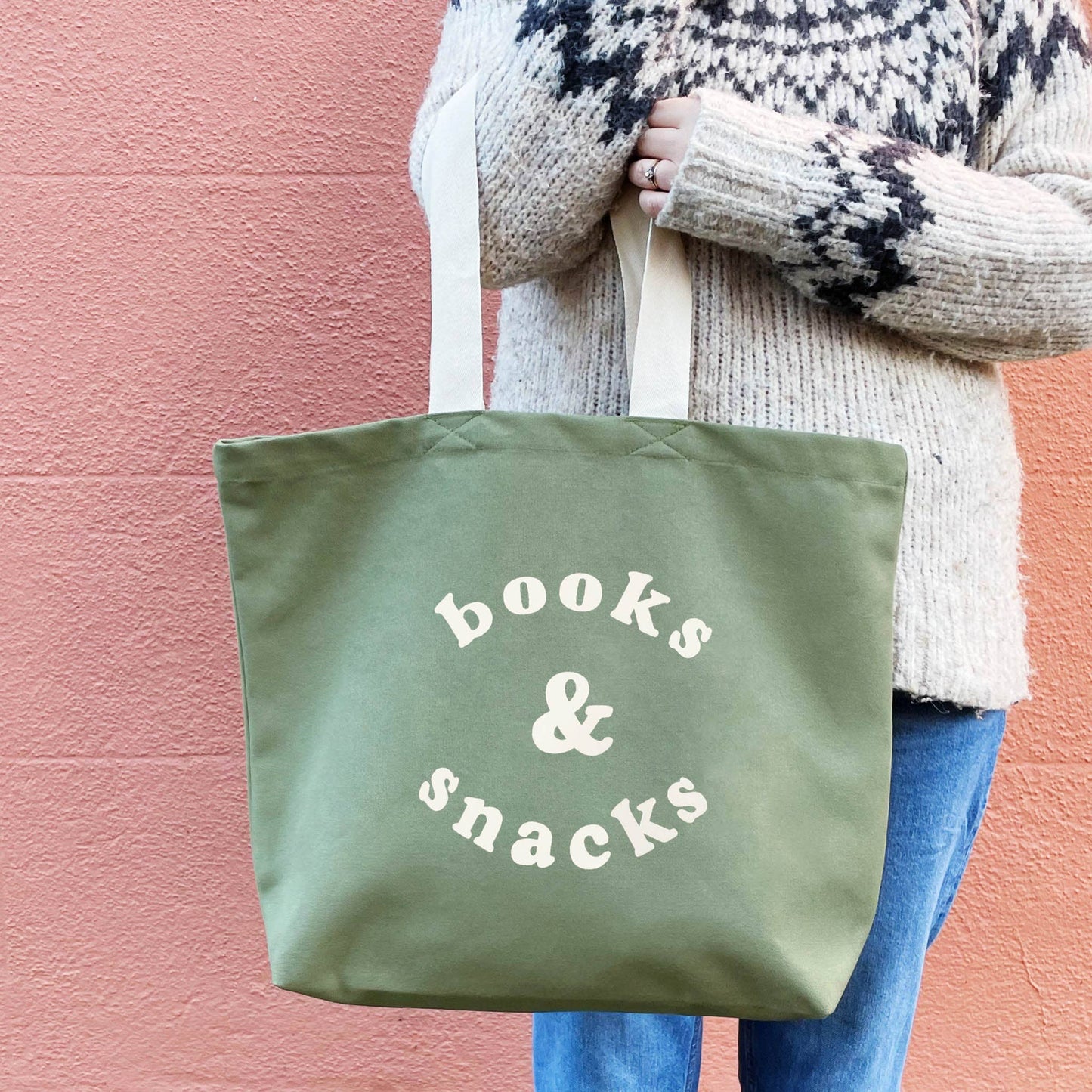 Books & Snacks - olive green canvas tote bag