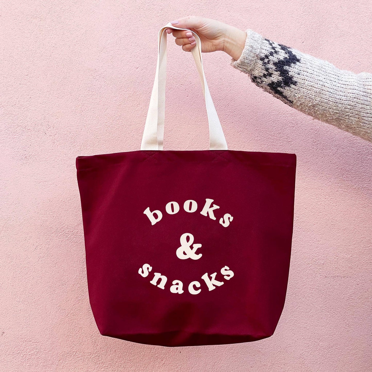 Burgundy books & snacks canvas tote bag