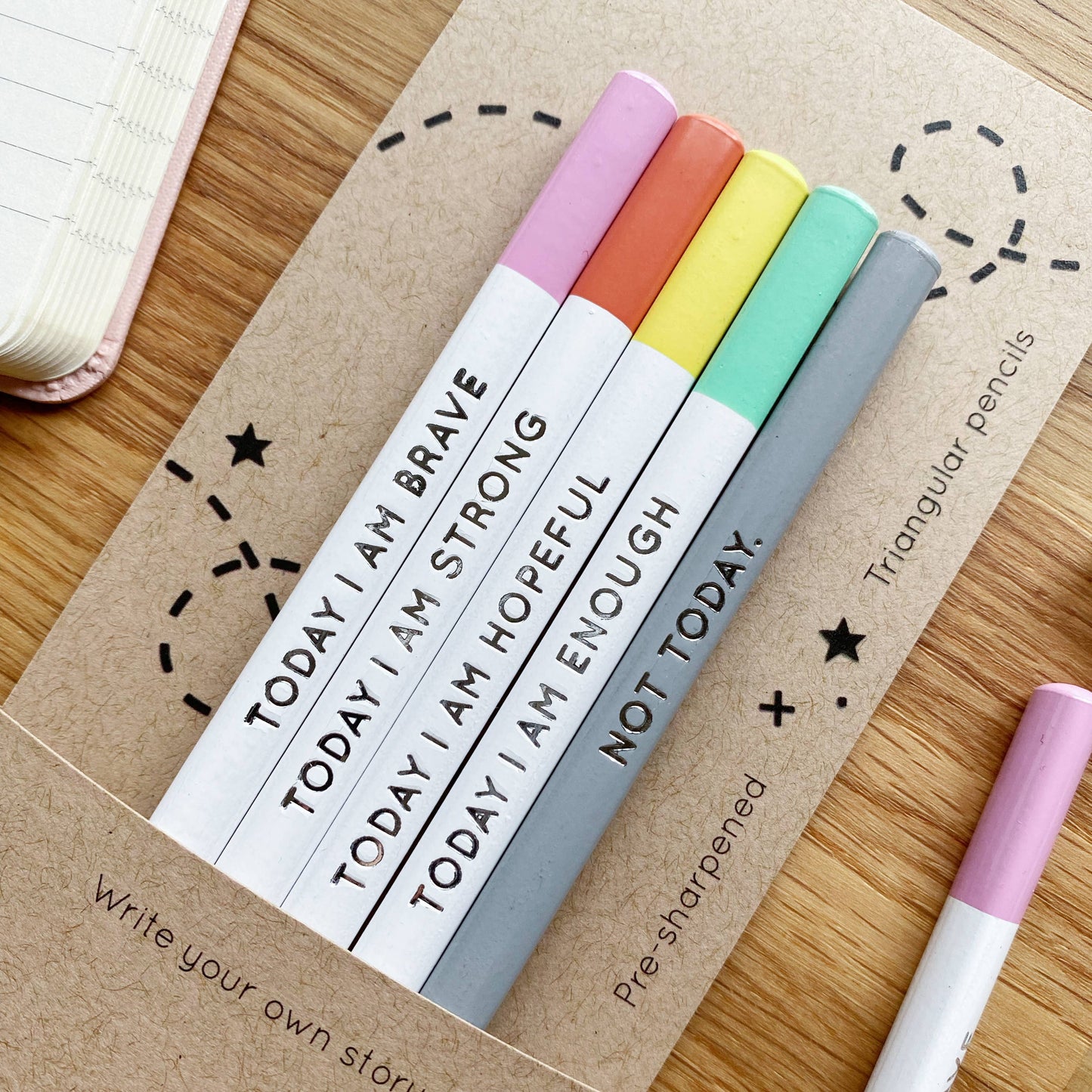 Set of five 'Today I Am' positive pencils