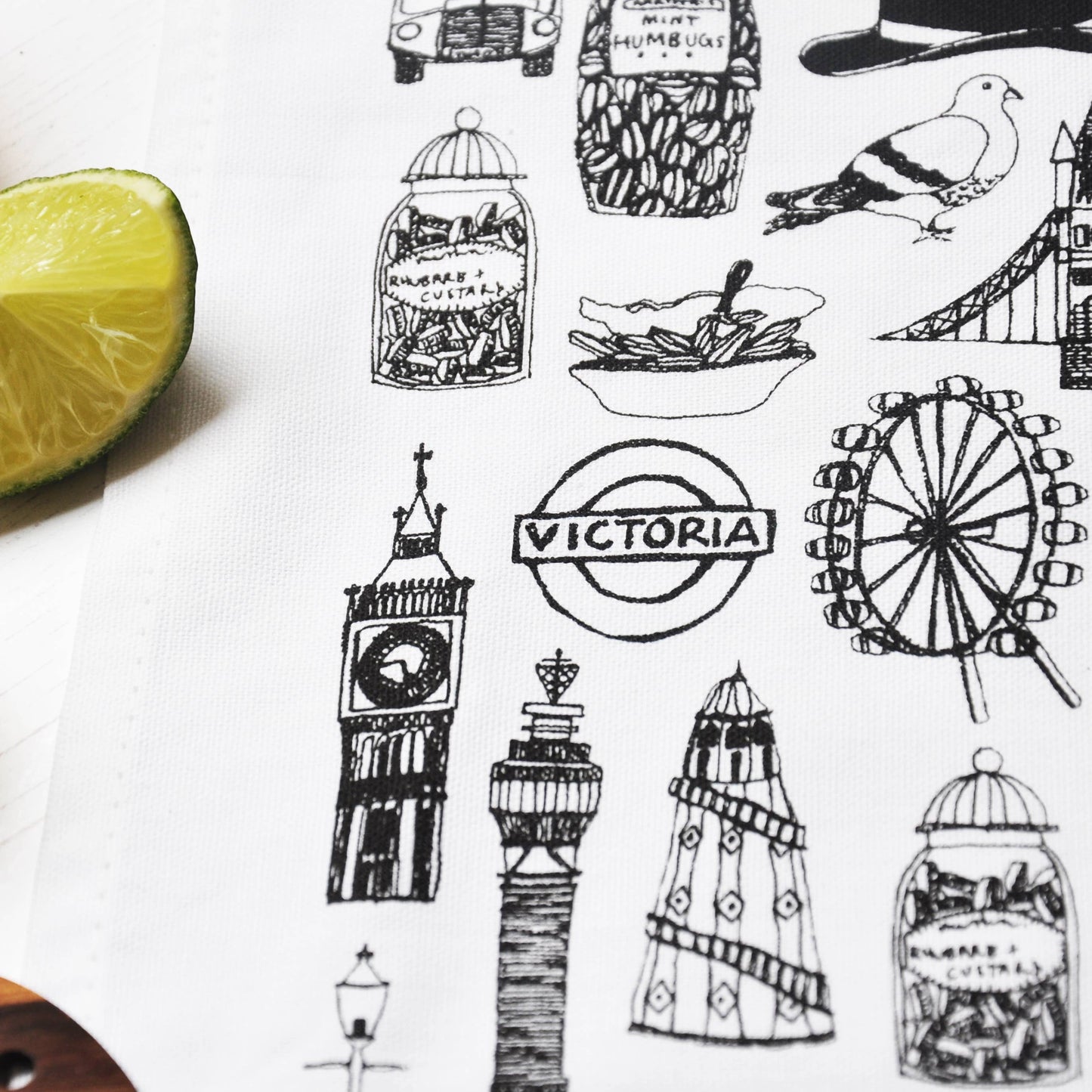 British icons black & white tea towel