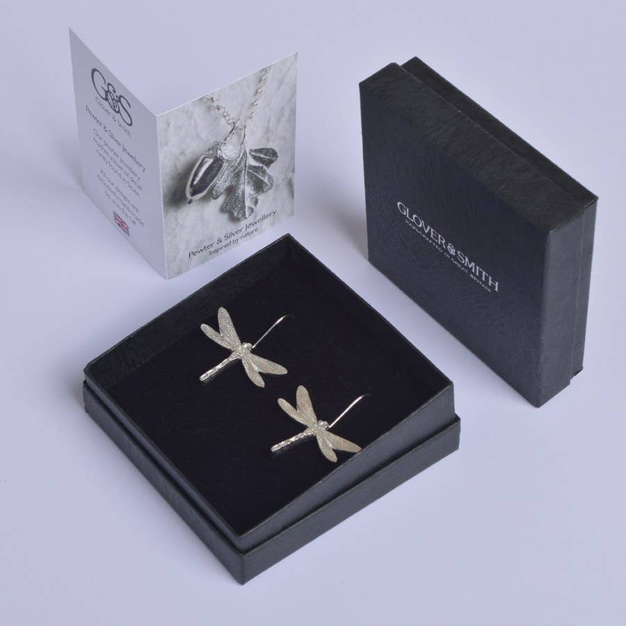 Pewter & sterling silver dragonfly drop earrings